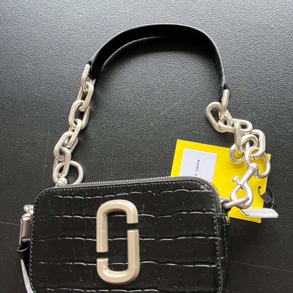 NWT Marc Jacobs Snapshot Shoulder Bag Black Leather Chain Strap Croc-Embossed - Picture 12 of 14